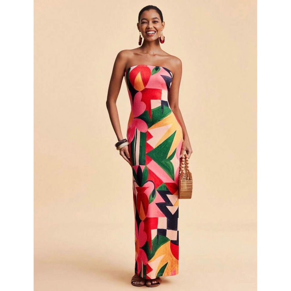 Abstract Geometric Floral Strapless Maxi Dress Pink Orange Green‎ Large